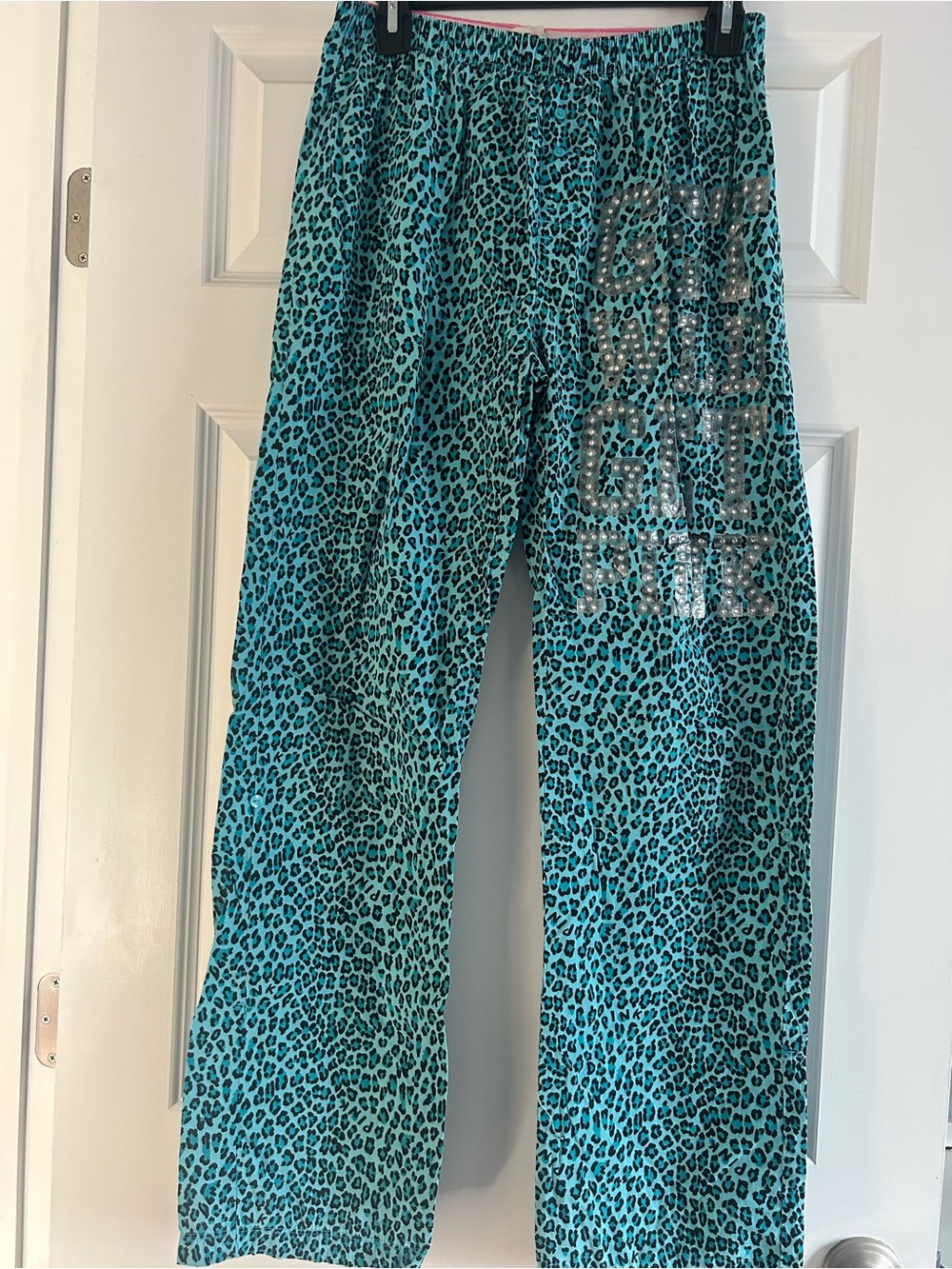 PINK Victoria's Secret Teal Leopard Wide Leg Lounge Pants with Sequin Logo